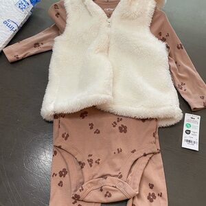 Carter's White Vest and Brown flower Print Onesie Set